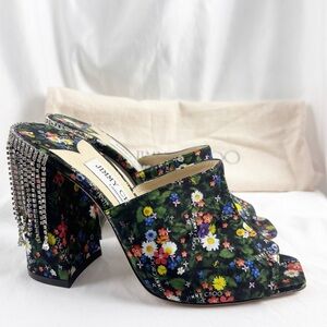 Jimmy Choo Baia Crystal Fringe Ditsy Floral Mules